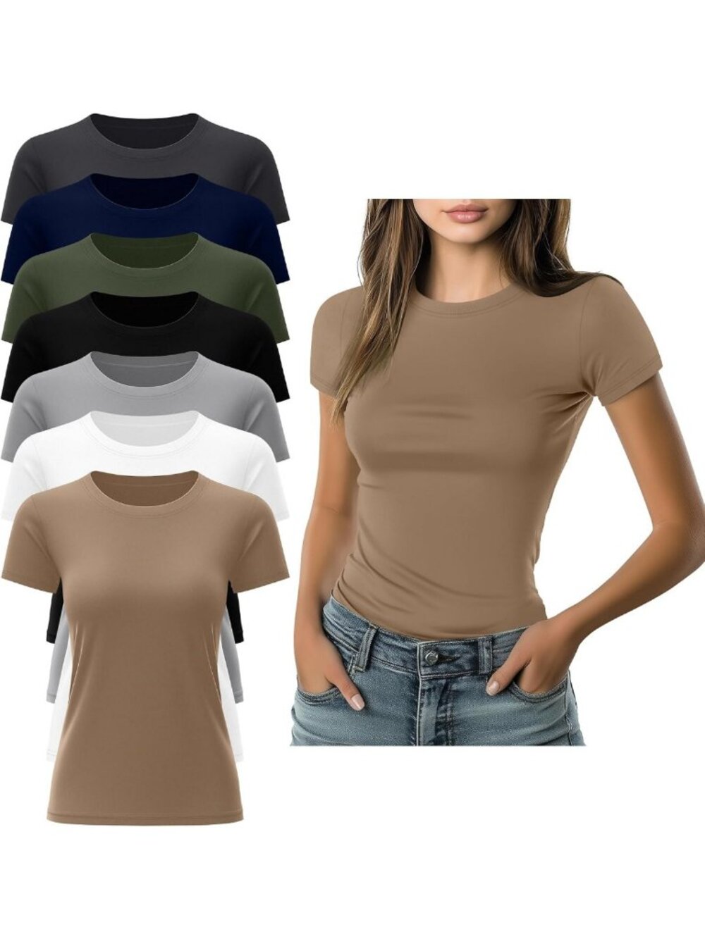 7 Pack Women's Fitted Basic T-Shirts - Soft Cotton, Versatile Styles, Everyday